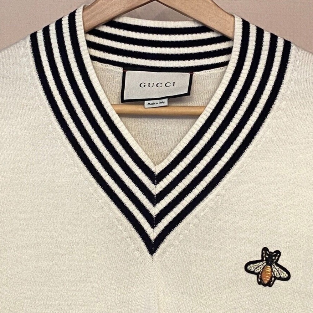 Gucci Men’s Cream V-Neck Sweater with Black Stripe Trim